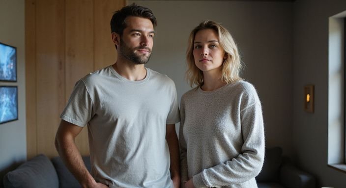 Een stel in casual kleding staat voor holografische schermen. Een stel in casual kleding staat voor holografische schermen