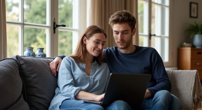 Een stel browse op een datingwebsite in hun gezellige woonkamer. Een stel browse op een datingwebsite in hun gezellige woonkamer