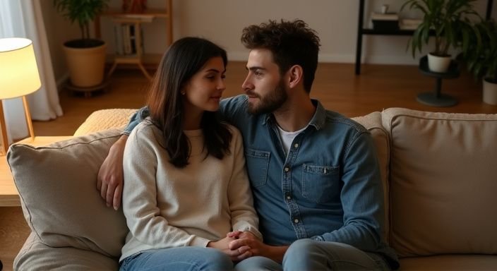 Een vrouw en man zitten samen op een beige bank in een gezellige kamer. Een vrouw en man zitten samen op een beige bank in een gezellige kamer