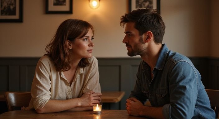 Twee jonge mensen hebben een intieme gesprek aan tafel. Twee jonge mensen hebben een intieme gesprek aan tafel