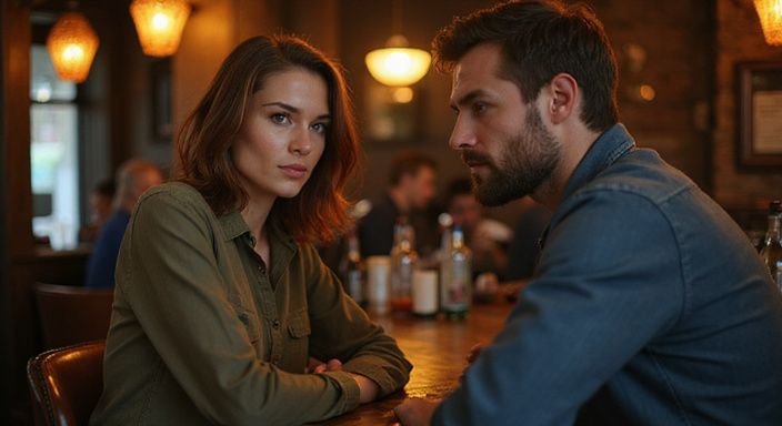 Een vrouw en een man hebben een intiem gesprek aan de bar. Een vrouw en een man hebben een intiem gesprek aan de bar