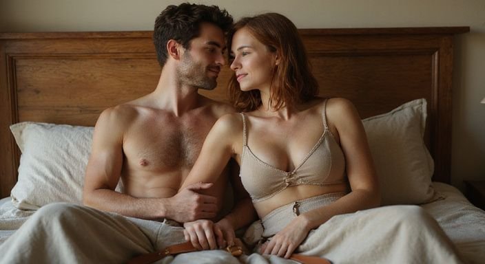 Een intiem koppel zit op een bed met een leren harness. Een intiem koppel zit op een bed met een leren harness