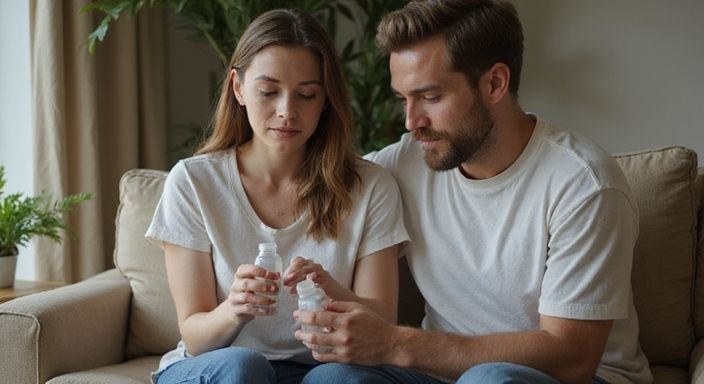 Een koppel bereidt zich voor op een intiem moment samen. Een koppel bereidt zich voor op een intiem moment samen