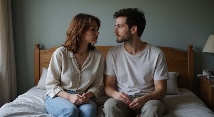 Een man en vrouw delen een intiem moment op bed. Een man en vrouw delen een intiem moment op bed