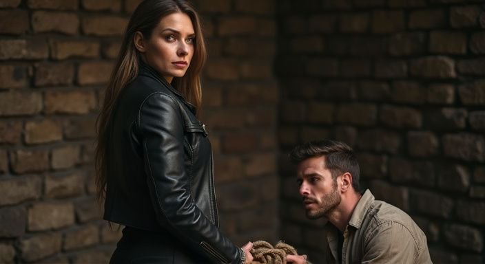 Een vrouw in een leren jack staat dominant tegenover een knielende man. Een vrouw in een leren jack staat dominant tegenover een knielende man