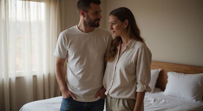 Een man en vrouw delen een intieme moment in een slaapkamer. Een man en vrouw delen een intieme moment in een slaapkamer