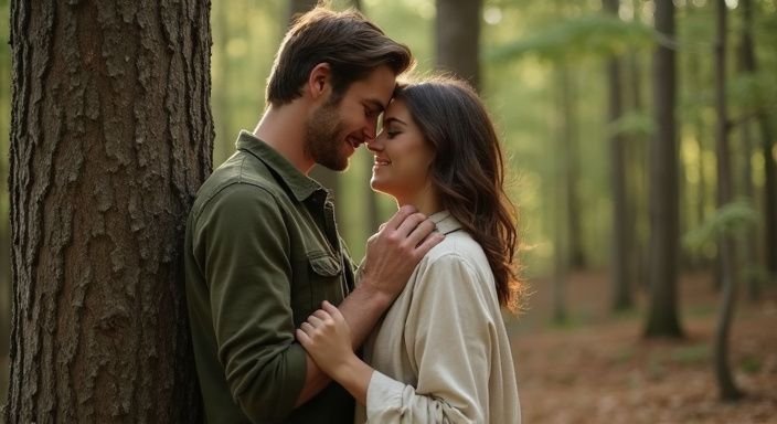 Een man en vrouw spelen samen in een weelderig bos. Een man en vrouw spelen samen in een weelderig bos