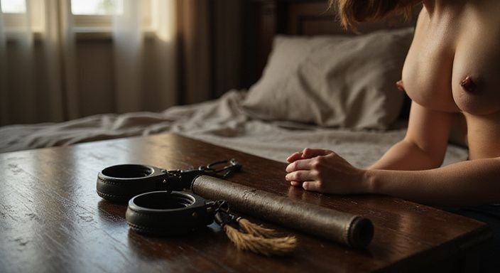 Een intieme slaapkamer met BDSM-accessoires en een ontspannen persoon met blote tieten.