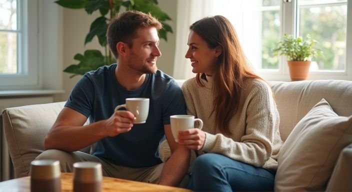 Een man en vrouw genieten van een ontspannen gesprek over een BDSM dating profiel in de woonkamer.