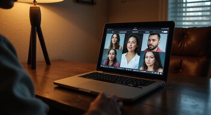 Een laptop toont profielen op een BDSM-datingsite in een rustige kamer.