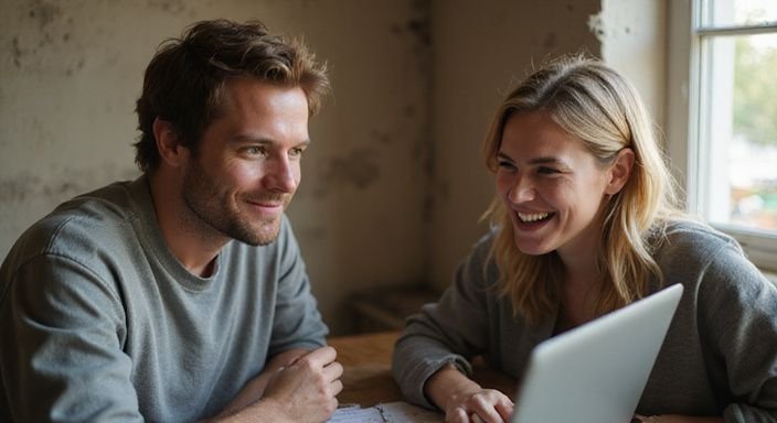 Een man en vrouw lachen samen aan een houten tafel.