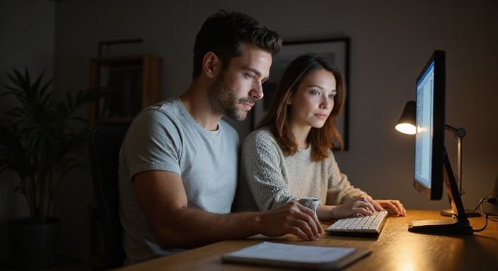 Een man en vrouw werken samen aan een datingprofiel. Een man en vrouw werken samen aan een datingprofiel.