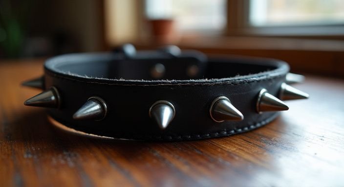 Een zwart leren halsband met metalen spikes op een houten tafel. Een zwart leren halsband met metalen spikes op een houten tafel.
