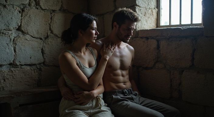 Een stel zit samen in een stenen kamer, vol vertrouwen en verbinding. Een stel zit samen in een stenen kamer, vol vertrouwen en verbinding.