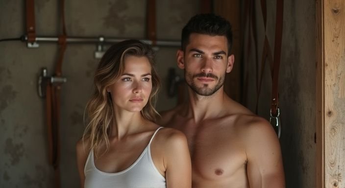 Een vrouw en man in een intieme BDSM speelkamer, ontspannen en vertrouwd