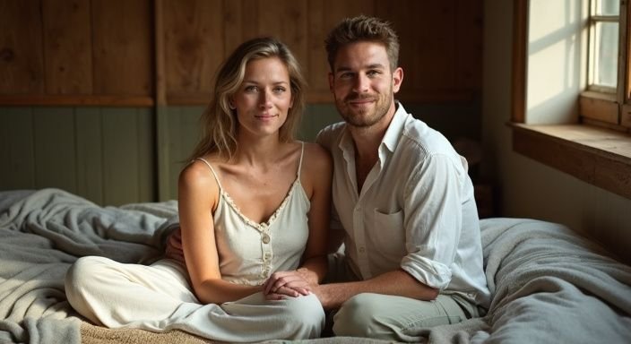 Een stel in een rustieke slaapkamer met zorgvuldige bindtechnieken. Een stel in een rustieke slaapkamer met zorgvuldige bindtechnieken.