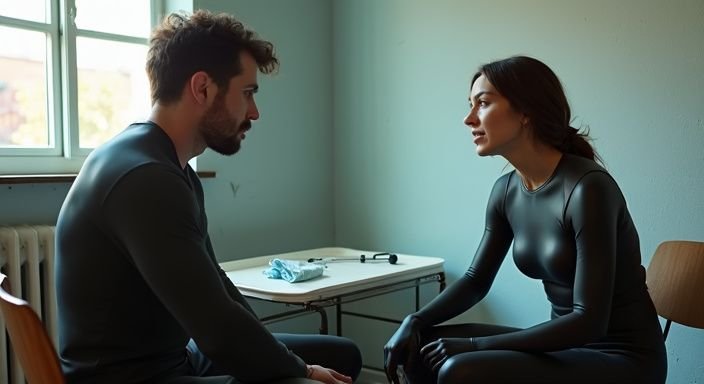 Een man en vrouw in latex bespreken grenzen met medische hulpmiddelen. Een man en vrouw in latex bespreken bdsm sexcontact friesland.