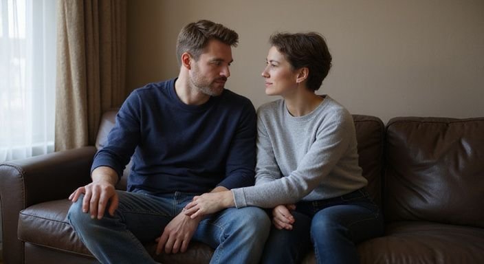 Een man en vrouw zitten ontspannen op een leren bank. Een man en vrouw zitten ontspannen op een leren bank tijdens bdsm sexcontact Friesland.