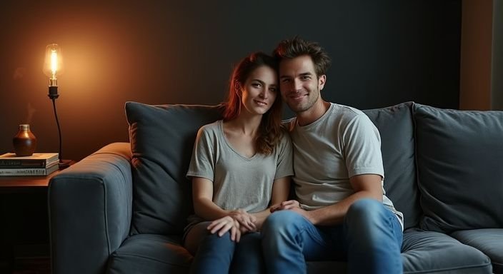 Een stel in hun dertiger jaren zit samen op een loveseat. Een stel in hun dertiger jaren zit samen op een loveseat en houdt van bdsm sexcontact Friesland