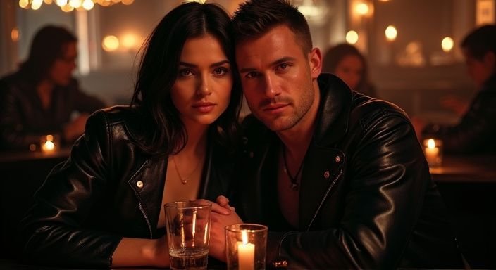 Koppel in leren outfits geniet van een intieme avond in club. Koppel in leren outfits geniet van BDSM sexcontact Gelderland tijdesn een intieme avond in club.