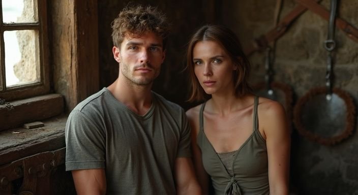 Een man en vrouw zitten samen in een gezellige, rustieke ruimte. Een man en vrouw zitten samen in een gezellige, rustieke ruimte.