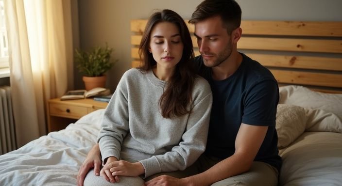 Een vrouw en een man zitten ontspannen op een bed in een slaapkamer. Een vrouw en een man zitten ontspannen op een bed in een slaapkamer tijdesn BDSM sexcontact Gelderland.
