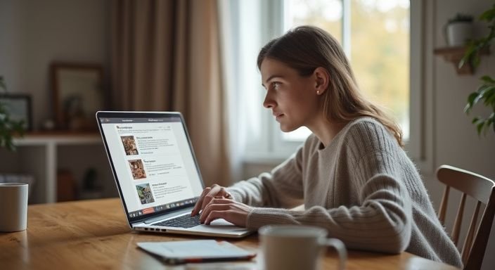 Vrouw werkt geconcentreerd op laptop in gezellige, dagelijkse omgeving. Vrouw werkt geconcentreerd op laptop in gezellige, dagelijkse omgeving.