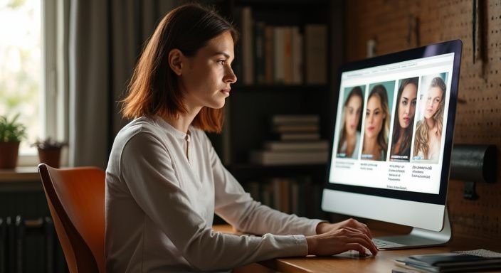 Vrouw aan bureau bekijkt BDSM-datingprofielen op computer. Vrouw aan bureau bekijkt BDSM-datingprofielen voor BDSM sexcontact in Gelderland op computer.