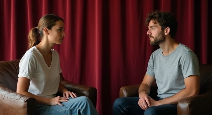 Een man en vrouw voeren een geconcentreerd gesprek in comfortabele stoelen. Een man en vrouw voeren een geconcentreerd gesprek in comfortabele stoelen.