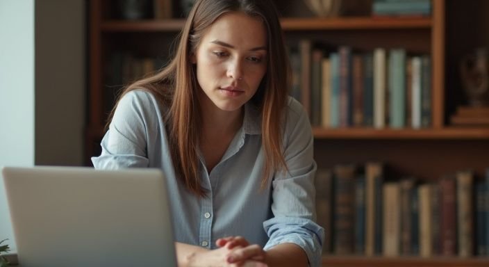 Een vrouw in een blouse werkt geconcentreerd aan haar laptop. Een vrouw in een blouse werkt geconcentreerd aan haar laptop.