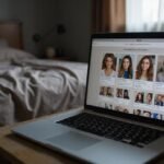 Een laptop toont een BDSM datingwebsite met gebruikersprofielen