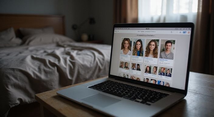 Een laptop toont een BDSM datingwebsite met gebruikersprofielen. Een laptop toont een BDSM datingwebsite met gebruikersprofielen voor BDSM Sexcontact Groningen.