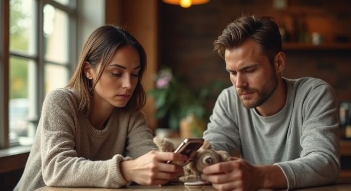 Een vrouw scrollt op haar telefoon naast een man met een knuffel. Een vrouw scrollt op haar telefoon naast een man met een knuffel.