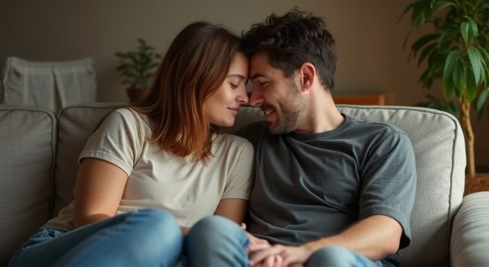 Een vrouw en man zitten intiem op een versleten bank. Een vrouw en man zitten intiem op een versleten bank.