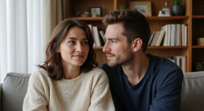 Een vrouw en man delen een intiem moment van verbondenheid. Een vrouw en man delen een intiem moment van verbondenheid.