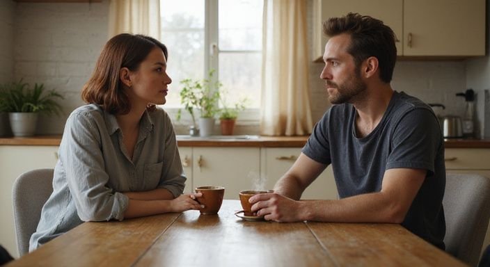 Een man en vrouw hebben een serieuze conversatie aan tafel. Een man en vrouw hebben een serieuze conversatie over BDSM Sexcontact in Limburg aan tafel.