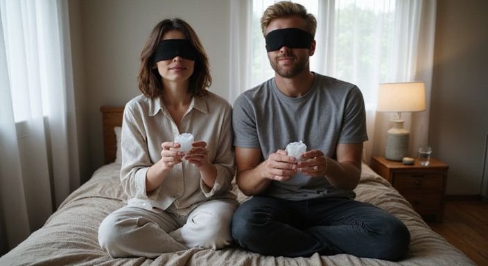 Een man en vrouw zitten ontspannen op een bed met blinddoeken. Een man en vrouw zitten ontspannen op een bed met blinddoeken.