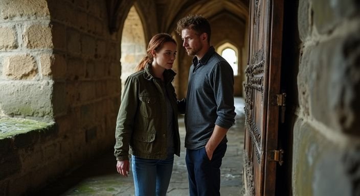 Een stel verkent de historische binnenkant van een kasteel. Een stel verkent de historische binnenkant van een kasteel.