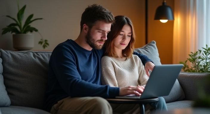 Een man en vrouw verdiept in BDSM-onderwerpen op hun laptop. Een man en vrouw zoeken op hun laptop naar BDSM Sexcontact in Limburg.