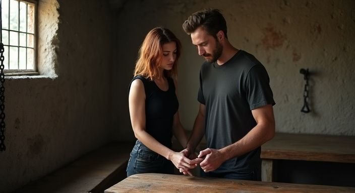 Een man en vrouw delen een intiem moment in een stenen kamer. Een man en vrouw delen een intiem moment in een stenen kamer tijdens hun BDSM Sexcontact in Noord-Brabant.