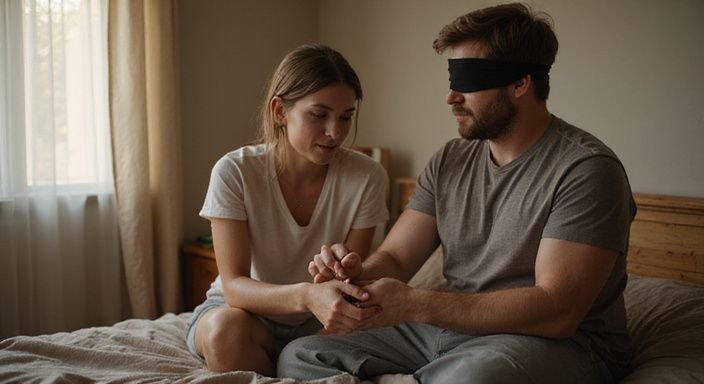 Een stel verkent voorzichtig beginnende BDSM-praktijken in hun slaapkamer. Een stel verkent voorzichtig beginnend BDSM Sexcontact in Noord-Brabant in hun slaapkamer.