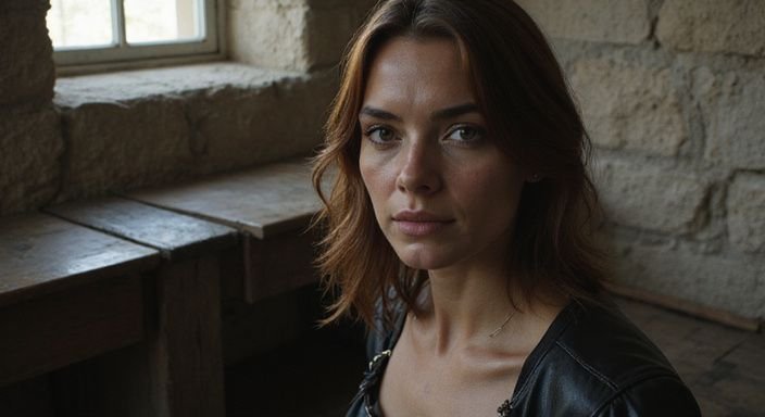 Een vrouw in leren bondage-outfit met BDSM-tools in een intieme ruimte. Een vrouw in leren bondage-outfit met BDSM-tools in een intieme ruimte.