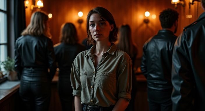 Een vrouw in casual kleding observeert een BDSM-club in Eindhoven. Een vrouw in casual kleding observeert een BDSM-club in Eindhoven.