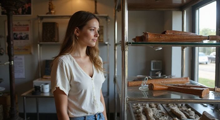 Een vrouw onderzoekt voorzichtig BDSM-artikelen in een boutique.