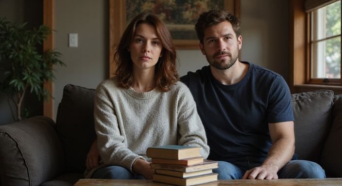 Een man en vrouw zitten samen op een versleten bank.