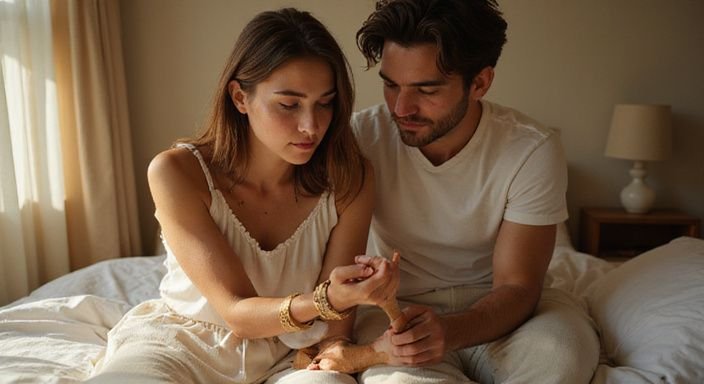 Een jong koppel verkent samen BDSM-toy's op een bed tijdens hun BDSM sexcontact in Noord-Holland.