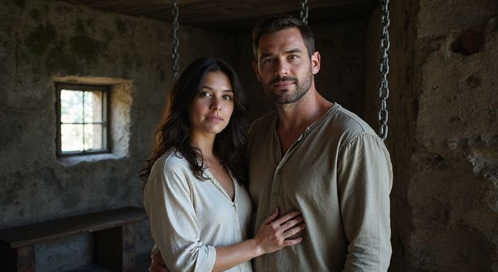 Een vrouw en man delen een intiem moment in een oude dungeon. Een vrouw en man delen een intiem moment in een oude dungeon