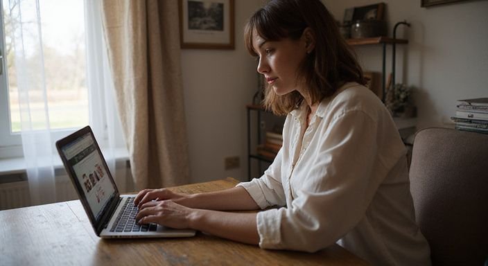 Een vrouw onderzoekt BDSM-profielen op haar laptop in een rustige kamer. Een vrouw onderzoekt BDSM profielen voor BDSM Sexcontact Overijsselop haar laptop in een rustige kamer
