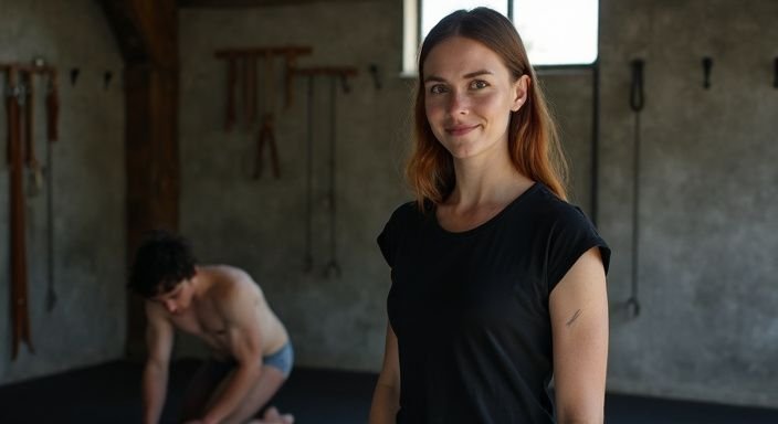 Een vrouw in een eenvoudige ruimte met een onderdanige tweede figuur. Een vrouw in een eenvoudige ruimte met een onderdanige tweede figuur