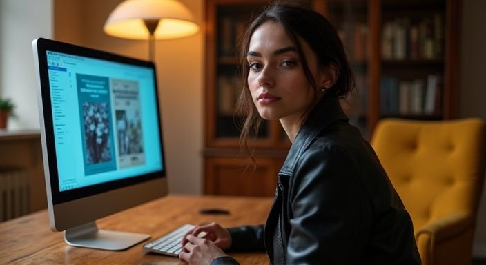 Een vrouw in leren jas kijkt geconcentreerd naar haar computer. Een vrouw in leren jas kijkt geconcentreerd naar haar computer en zoekt BDSM Sexcontact Overijssel